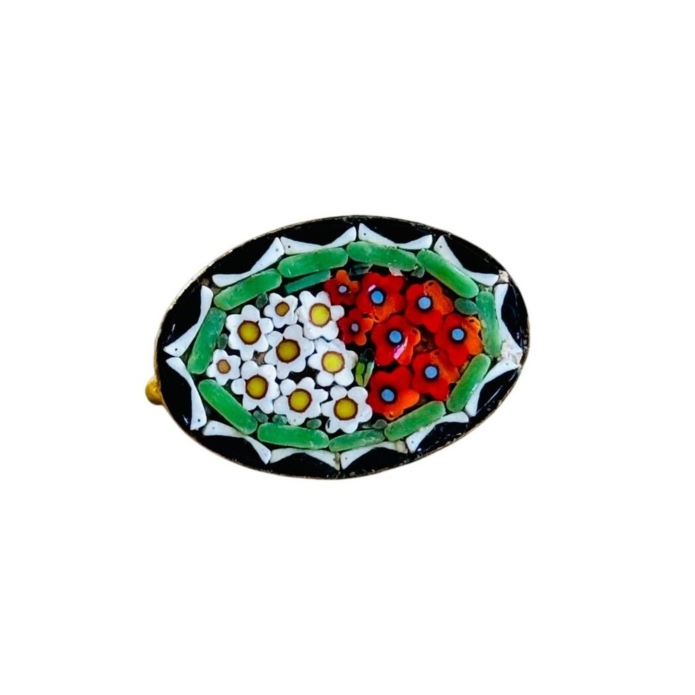 VTG Micromosaic Brooch Pin‎ Floral Daisies Art Deco Italy Micro-mosaic Antique
